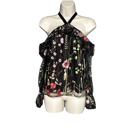 Persun Size M Black Mesh Long Sleeve Blouse Floral Embroidery Cotton Blend Lined - Picture 2 of 13